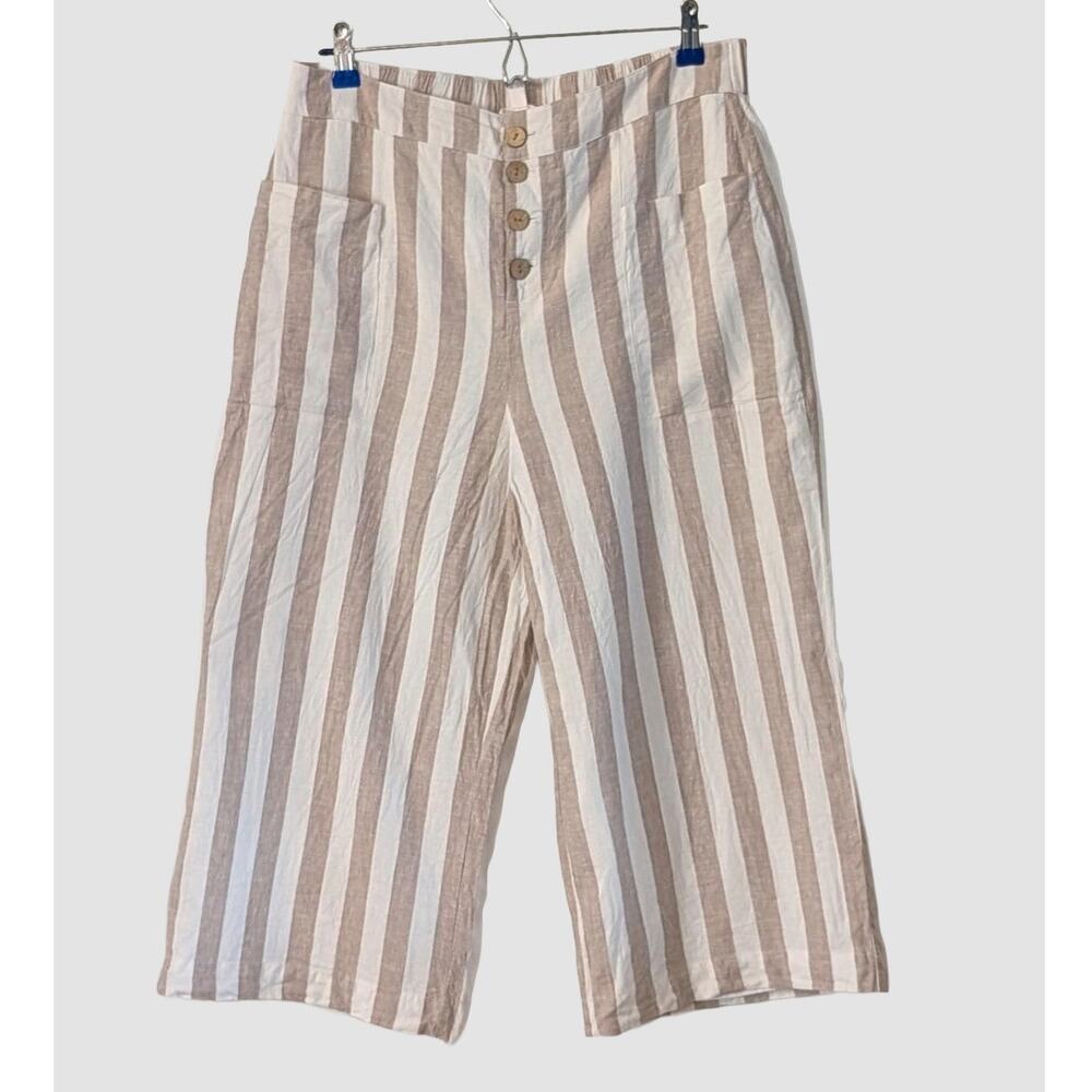 Lauren Conrad Linen Blend Pants L Striped Wide Leg Crop High Rise Coastal